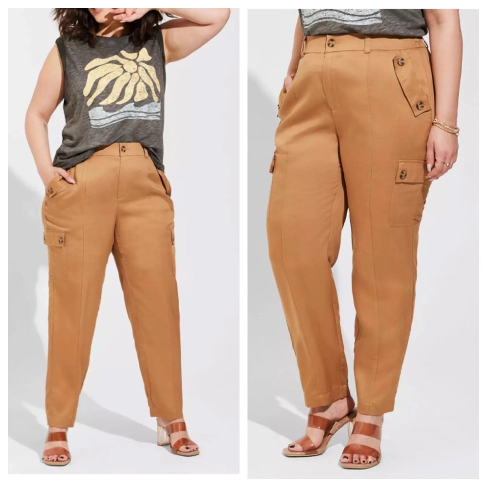 Torrid Womens Camel Tan Lyocell Linen Cargo Pants Tapered High Rise Size 14R